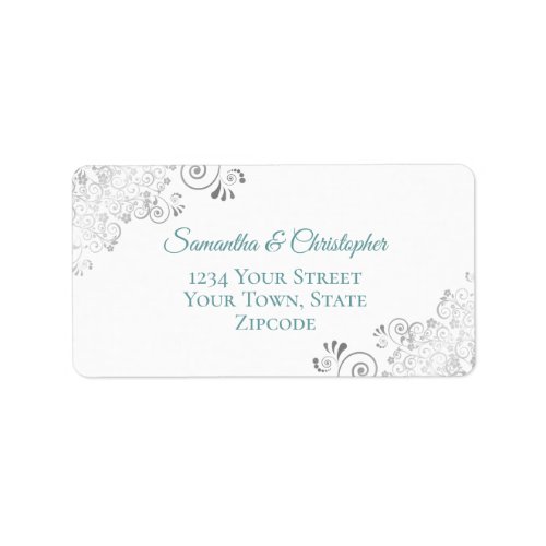 Silver Lace Frills Teal on White Wedding Address Label