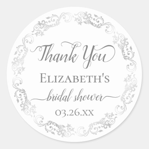 Silver Lace Gray on White Bridal Shower Thank You Classic Round Sticker