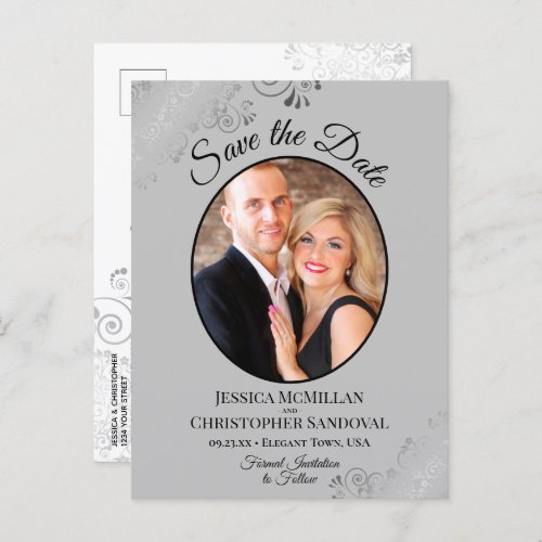 Silver Lace Gray Wedding Save the Date Oval Photo Announcement Postcard