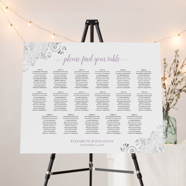 Silver Lace Lavender 17 Table White Seating Chart Foam Board (In Situ (Stand))