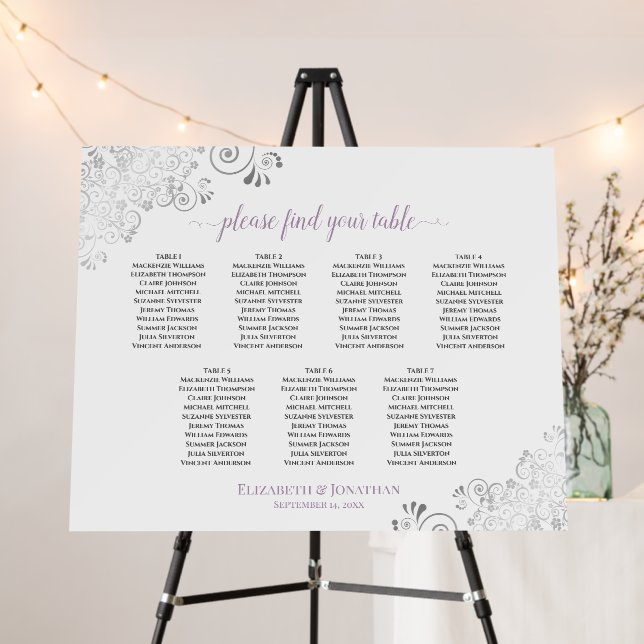 Silver Lace & Lavender 7 Table White Seating Chart Foam Board (In Situ (Stand))