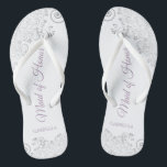 Silver Lace & Lavender Maid of Honor Wedding Flip Flops<br><div class="desc">These beautiful wedding flip flops are a great way to thank and recognize your Maid of Honor while saving her feet at the same time. Features an elegant design with silver gray lace on a white background and fancy dusty purple or lavender script lettering. The test reads Maid of Honor...</div>