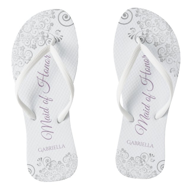 Silver Lace & Lavender Maid of Honor Wedding Flip Flops (Footbed)