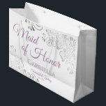 Silver Lace & Lavender Maid of Honor White Wedding Large Gift Bag<br><div class="desc">This beautiful gift bag is designed as a wedding gift or favor bag for the Maid of Honor. It features an elegant design with silver faux foil lace frills and dusty purple or lavender colored text reading "Maid of Honor" as well as a place to enter her name, the couple's...</div>