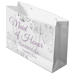 Silver Lace & Lavender Maid of Honor White Wedding Large Gift Bag