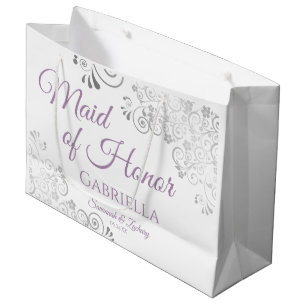 Silver Lace & Lavender Maid of Honor White Wedding Large Gift Bag
