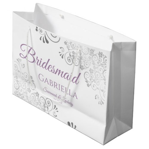 Silver Lace Lavender on White Bridesmaid Wedding Large Gift Bag