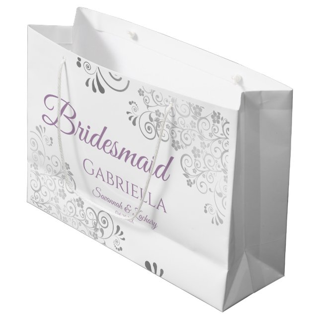 Silver Lace Lavender on White Bridesmaid Wedding Large Gift Bag (Front Angled)