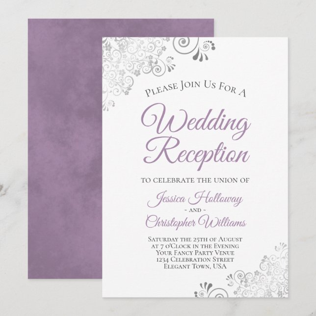 Silver Lace Lavender on White Wedding Reception Invitation (Front/Back)