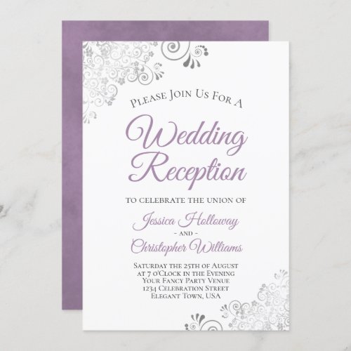 Silver Lace Lavender on White Wedding Reception Invitation