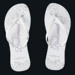Silver Lace & Lavender Script Bridesmaid Wedding Flip Flops<br><div class="desc">These elegant wedding flip flops are a great way to thank and recognize your bridesmaids, while giving their feet a rest after a long day. The beautiful design features an elegant design with silver gray lace frills on a white background and fancy dusty purple or lavender script lettering. The text...</div>