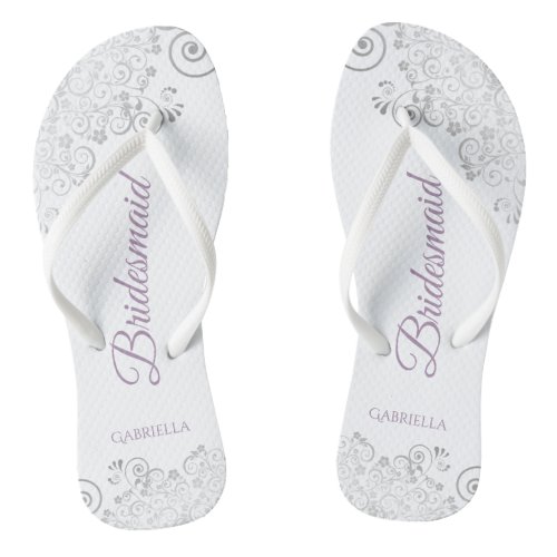 Silver Lace  Lavender Script Bridesmaid Wedding Flip Flops