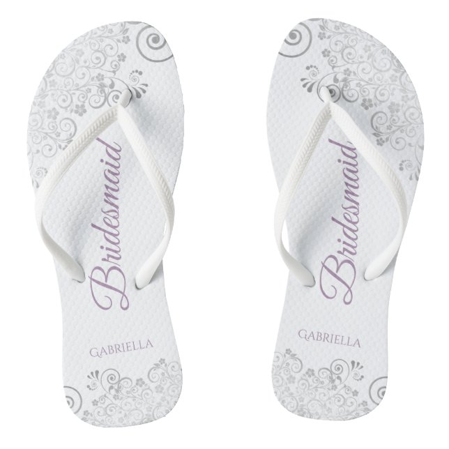 Silver Lace & Lavender Script Bridesmaid Wedding Flip Flops (Footbed)