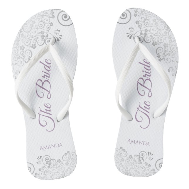 Silver Lace & Lavender Script The Bride Wedding Flip Flops (Footbed)
