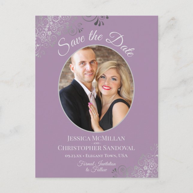 Silver Lace Lavender Wedding Save the Date Photo Announcement Postcard (Front)