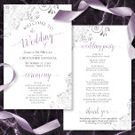 Silver Lace Lavender White Budget Wedding Program<br><div class="desc">These wedding programs are elegant and tasteful, while still being budget friendly. The design features ornate silver gray faux foil lace with dusty purple or lavender and gray text on a white background. The typography features lacy script calligraphy, and there is room for details on the ceremony, the bridal party,...</div>