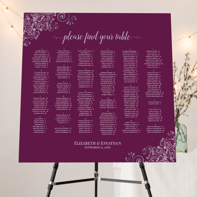 Silver Lace Magenta Alphabetical Seating Chart Foam Board (In Situ (Stand))