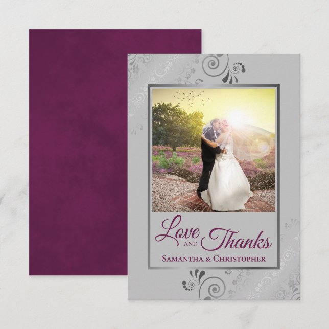 Silver Lace Magenta & Gray Love & Thanks Wedding Thank You Card (Front/Back)