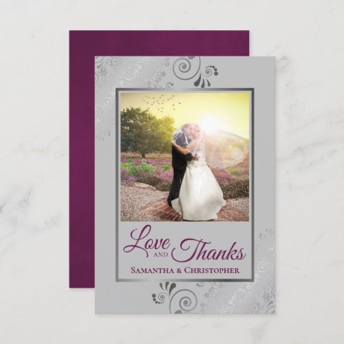 Silver Lace Magenta  Gray Love  Thanks Wedding Thank You Card
