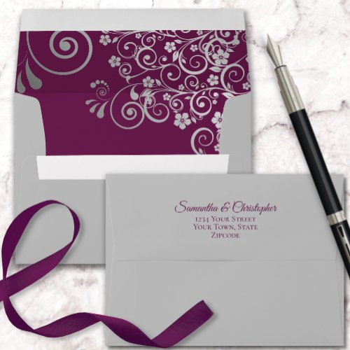 Silver Lace Magenta Inside Elegant Gray Wedding Envelope