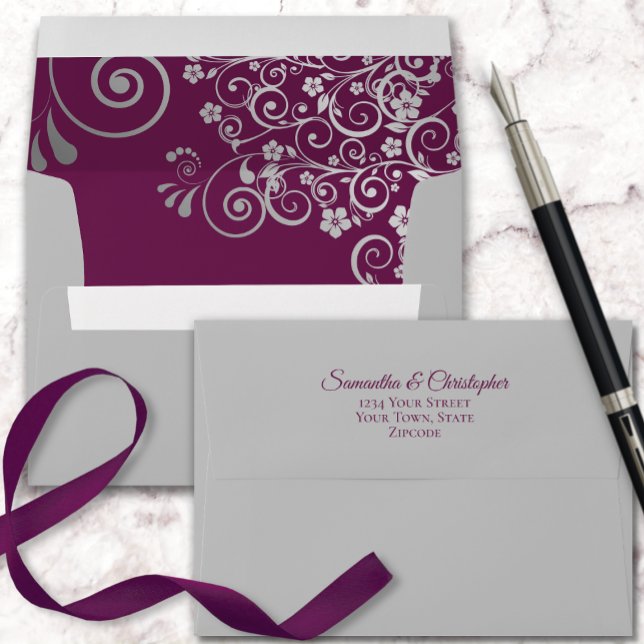 Silver Lace Magenta Inside Elegant Gray Wedding Envelope (Creator Uploaded)