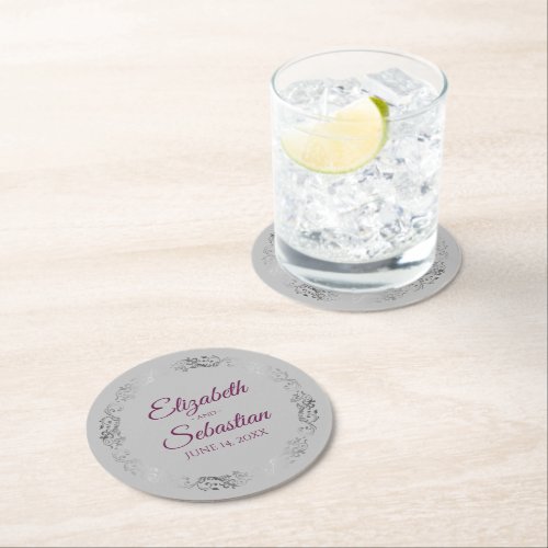 Silver Lace Magenta on Gray Elegant Wedding Round Paper Coaster