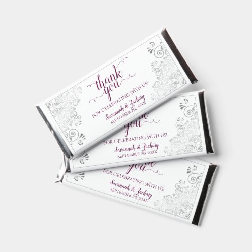 Silver Lace Magenta on White Wedding Thank You Hershey Bar Favors