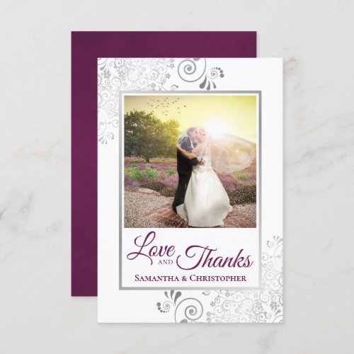 Silver Lace Magenta  White Love  Thanks Wedding Thank You Card