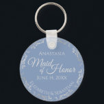 Silver Lace Maid of Honor Periwinkle Blue Wedding Keychain<br><div class="desc">These beautiful keychains are designed to be given as a gift or wedding favor to your maid of honor. The elegant design features a frilly silver gray faux foil border with pale gray text on a dusty periwinkle blue background. There is space for her name, the wedding date and the...</div>