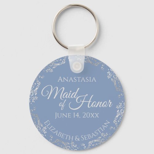 Silver Lace Maid of Honor Periwinkle Blue Wedding Keychain