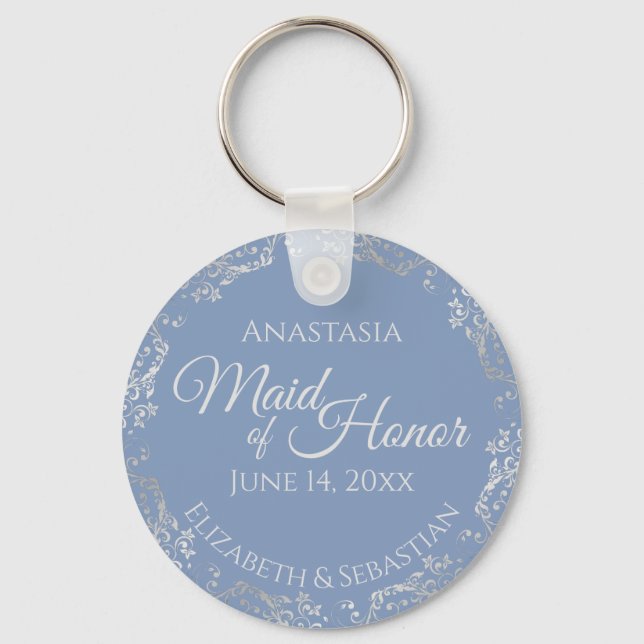 Silver Lace Maid of Honor Periwinkle Blue Wedding Keychain (Front)