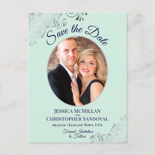 Silver Lace Mint Navy Wedding Save the Date Photo Announcement Postcard