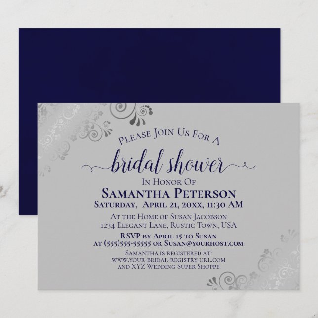 Silver Lace Navy Blue & Gray Elegant Bridal Shower Invitation (Front/Back)