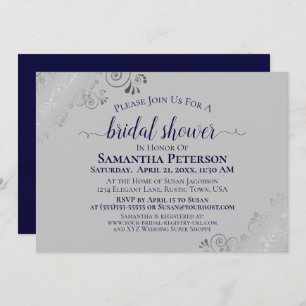 Silver Lace Navy Blue & Gray Elegant Bridal Shower Invitation