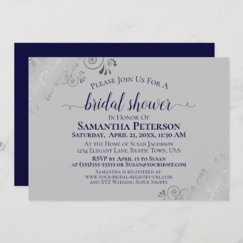 Silver Lace Navy Blue & Gray Elegant Bridal Shower Invitation by ZingerBug at Zazzle