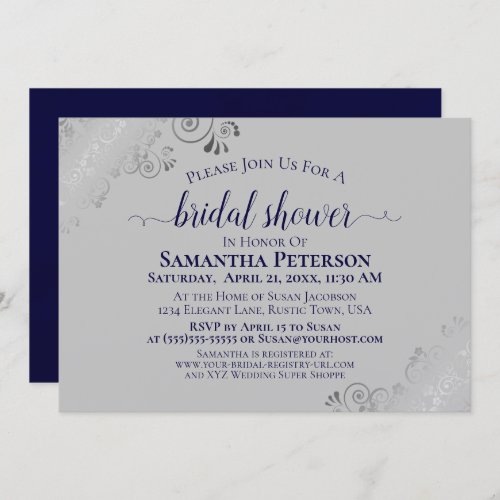 Silver Lace Navy Blue  Gray Elegant Bridal Shower Invitation