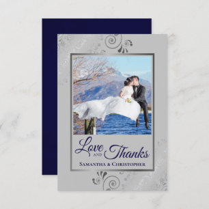 Silver Lace Navy Blue & Gray Love & Thanks Wedding Thank You Card