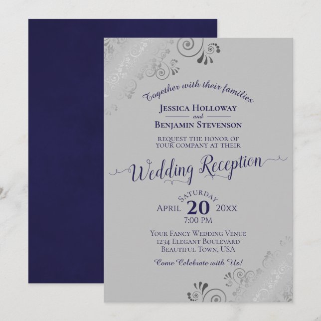 Silver Lace Navy Blue & Gray Wedding Reception Invitation (Front/Back)