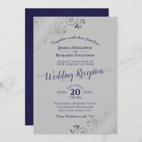 Silver Lace Navy Blue  Gray Wedding Reception Invitation