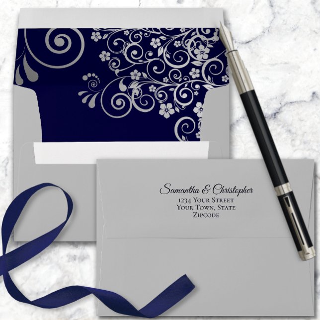 Silver Lace Navy Blue Inside Elegant Gray Wedding Envelope (Creator Uploaded)