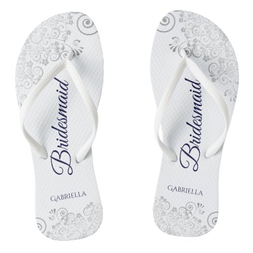 Silver Lace Navy Blue on White Bridesmaid Wedding Flip Flops