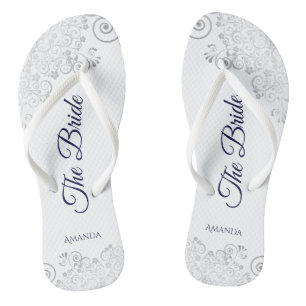 Silver Lace Navy Blue on White The Bride Wedding Flip Flops