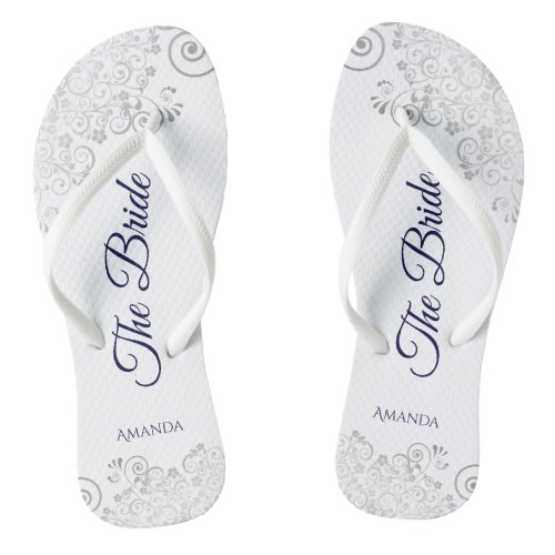 Silver Lace Navy Blue on White The Bride Wedding Flip Flops
