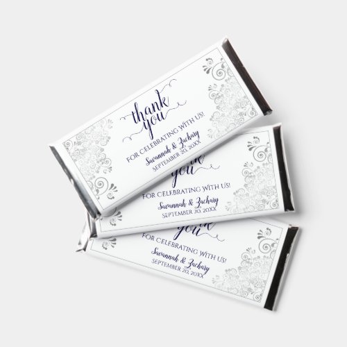 Silver Lace Navy Blue on White Wedding Thank You Hershey Bar Favors