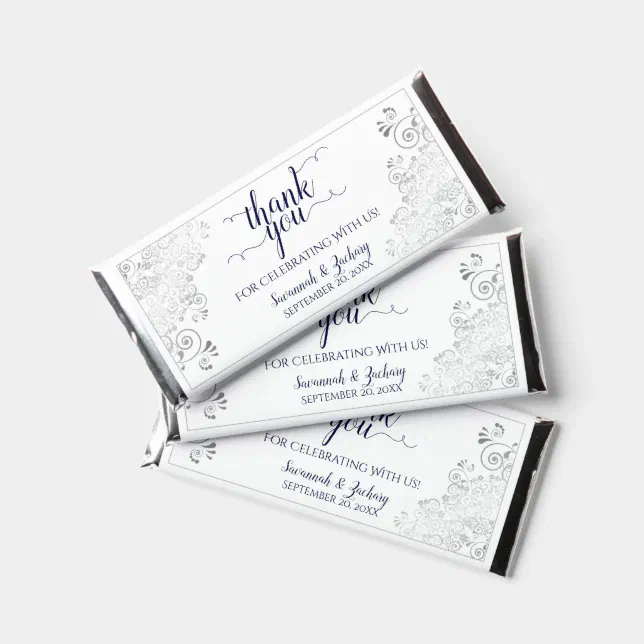 Silver Lace Navy Blue on White Wedding Thank You Hershey Bar Favors ...