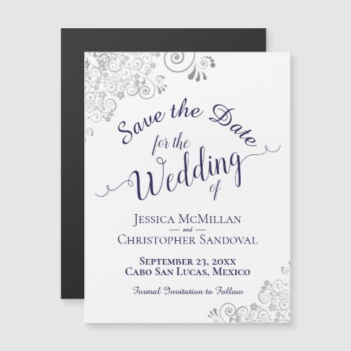 Silver Lace  Navy Blue Save the Date White Magnet