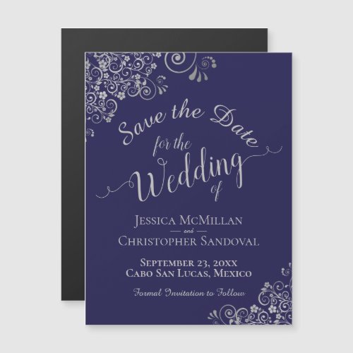 Silver Lace Navy Blue Wedding Save the Date Magnet