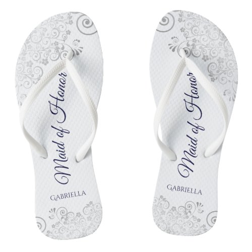 Silver Lace Navy on White Maid of Honor Wedding Flip Flops