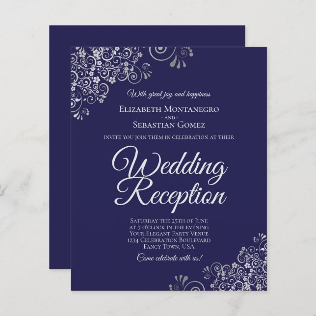 Silver Lace Navy Wedding Reception BUDGET Invite (Front/Back)