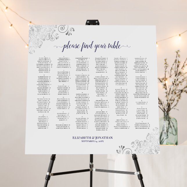 Silver Lace Navy White Alphabetical Seating Chart Foam Board (In Situ (Stand))